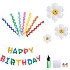 MINITTINE 長條造型魔法氣球 1g x 100入 + 微笑花朵3件組 + 毛氈Happy Birthday掛旗 + 打氣筒套組, 混合顏色(氣球), 隨機出貨(打氣筒), 1套
