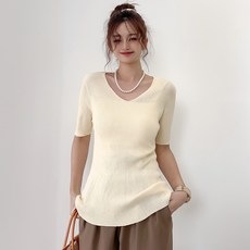 더시럽 여성용 통기성 V넥 잔골지 슬림 5부 소매 니트티
