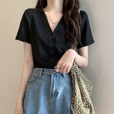 여성용 블랙101 델렌 브이넥 반팔 니트 블라우스 A234WF00109