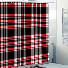 格紋浴簾 紅色 120*180cm+掛鉤 12入, 1套