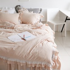 류금숙 클래식 광목워싱 줄누빔 롱 프릴 침대스커트