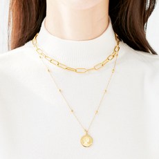 노이드비 여성용 써지컬스틸 클립 체인 레이어드 두줄 코인 목걸이