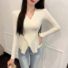 레몬소울 여성용 무징 사선 골지 브이넥 니트 티셔츠