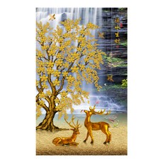 招來好運的鹿東方畫, 棕色 + 藍色 + 黃色