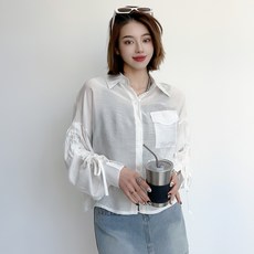 더시럽 여성용 펌킨 셔링 소매 시스루 크롭 셔츠