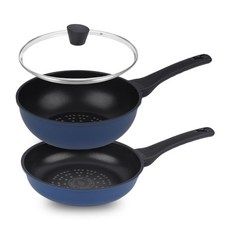 Kitchen-Art IH電磁爐適用優質柔色鍋具3件組, 深藍色, 平底鍋 20cm+炒鍋 20cm+玻璃鍋蓋 20cm, 1組