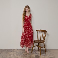 VikiniVender 女款Caritas露肩花卉雪紡長洋裝, 單一顏色 酒紅色