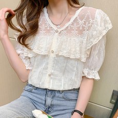 LUNAGIRL 女款壓花荷葉邊短袖襯衫