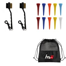 NAYASTYLE 高爾夫球桿頭清潔器 2入 + 塑膠高爾夫短球釘 10入 + 收納袋組合 GFYP-32-3+167-1PU, 隨機出貨(高爾夫球釘)