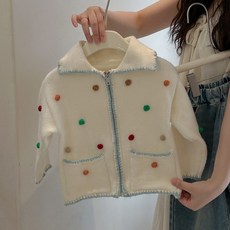女童拉鍊圓點針織毛球開襟衫