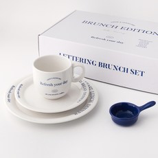 Roco Living 英文字母早午餐具組 4件組, 1套, 白色 + 藍色, 大盤 + 中盤 + 馬克杯 + 醬料碗