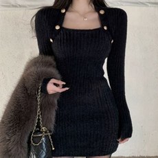 LUNAGIRL 女款流行針織連身裙, 黑色