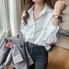 DMELD 女款辦公室穿搭商務休閒條紋長袖襯衫