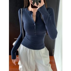 Marketpia 女款羅紋鈕扣修身版長袖T恤