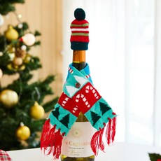 BUTTERSHOP 聖誕節酒瓶圍巾 5.8 x 49 cm + 酒瓶帽 6.5 x 9.5 cm 套組, 1套, 白色 + 紅色 + 綠色