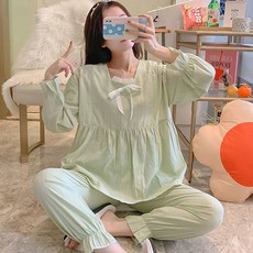 Damon孕婦蝴蝶結蕾絲荷葉邊睡衣上下套裝 ana316