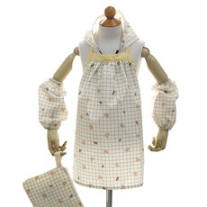 SEMOMS 女孩童小熊印花荷葉邊防水圍裙+頭巾+袖套+收納袋