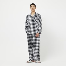 JAJU 남성용 통기성 21수 플란넬 체크 파자마 면 상하의 세트