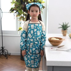 bebe chouette 孩童貓頭鷹圖案防水圍裙+頭巾+袖套+繩釦 2入