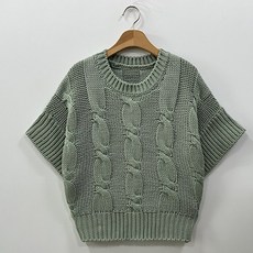 뜨개진 여성용 루즈핏 꽈배기 타지크 라운드 반팔 니트