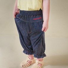 mollimelli 女童款涼感荷葉邊牛仔寬鬆束口褲