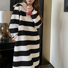 구디프 여성용 와이드 카라 반집업 스트라이프 원피스