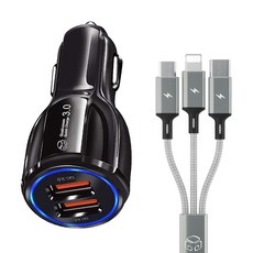 DGG 車用35W 2孔高速充電器 + Sky Meta 3合1多功能充電線 70cm, 黑色(充電器), 金屬銀(充電線), 充電器(D21-0809), 充電線(DGG-530)