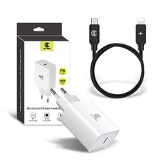 디씨네트워크 리오넬 PD USB C타입 고속충전기 20W + USB C to 8핀 라이트닝 아이폰 PD 고속 충전케이블 1.2m 세트, 1세트, 화이트(충전기), 블랙(케이블)
