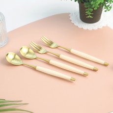 Bogen 韓國製 Le Bian Gold 茶匙 + 叉子 2人組 米色, 1套, 茶匙 2p + 點心叉 2p