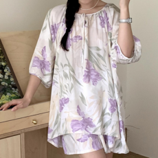 피어니스트 여성용 면실크 오버핏 홈웨어 잠옷 상하의 세트