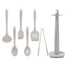 Lilive 矽膠廚具7件組, 1組, 漏杓+夾子+小湯杓+漏鏟+刮刀+深湯杓+收納架, 摩卡灰