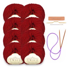 미소털실 트와이즈 뜨개실 8p + 가죽라벨 + 바늘 패키지 세트, 1세트, 411 와인