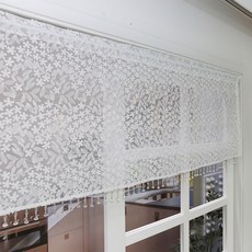 daheim 立體花朵刺繡串珠短窗簾 客廳用迷你窗簾, 白色