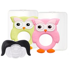 Yecomam 貓頭鷹造型固齒器 2入+小鬍子奶嘴, 第一階段, 固齒器(粉色+綠色)+奶嘴(小鬍子款), 1組