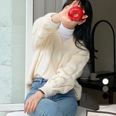 바블링브룩 여성용 꽈배기 브이넥 루즈핏 니트