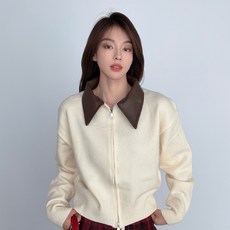 더시럽 여성용 레더 폴로 포인트 투웨이 니트 집업