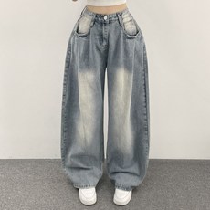 With Huilin 女款 Popo 前抓褶復古水洗寬版丹寧牛仔長褲