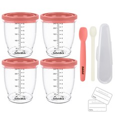 Bebelock 副食品刻度密封罐 4罐+矽膠餵食湯匙 第1階段+PP湯匙+標籤貼 24張, 蜜桃粉, 240ml, 1組