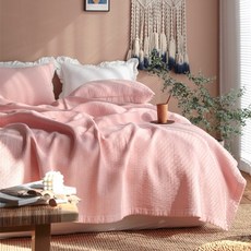 HELLOSLEEP 棉質顏料水洗直線絎縫兩用被墊, 粉紅色