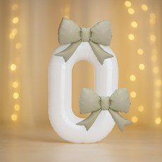 PARTYSHOW 可愛蝴蝶結鋁箔中型氣球 2入 + 數字氣球 0, 1套, 米色(中型米色), 白色(數字氣球)