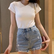 나비다 여성용 자수 반팔 크롭티