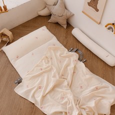 vivienda 孩童100支棉&Duraron涼感材質雙面薄墊+4層棉質紗布午睡被+超細纖維枕芯組, 粉色兔子款