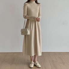 TANIZ 艾本高領坑條傘裙針織連身裙, 象牙白