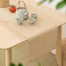 簡潔整齊的餐桌裝飾素色亞麻桌旗, 米色, 32 x 120 cm