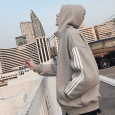 PDS패션 남성용 화이트 라인 포인트 오버핏 반폴라 후드집업