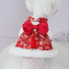 Wavy Days 寵物蝴蝶結東方風節日刺繡寵物連身裙, 紅色, 1個