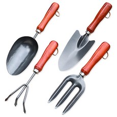 Homeflow 木柄園藝工具 花鏟 + 移植鏟 + 耙子 + 園藝叉套組 紅色, 1套