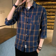 DM Corporation 男款休閒格紋七分袖襯衫