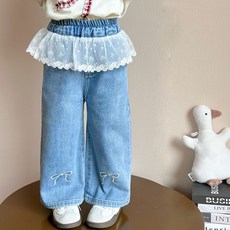 Starbean 女童蝴蝶結刺繡蕾絲寬褲