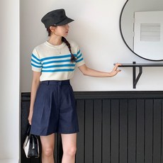 린다샵 여성용 시하러 라운드넥 스트라이프 반팔 니트 티셔츠 cpnt4588k35